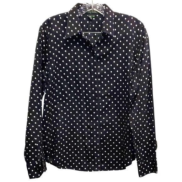 Ralph Lauren Women's Button Down Shirt Long Sleeve Polka Dot Blouse Stripe L - Picture 1 of 5
